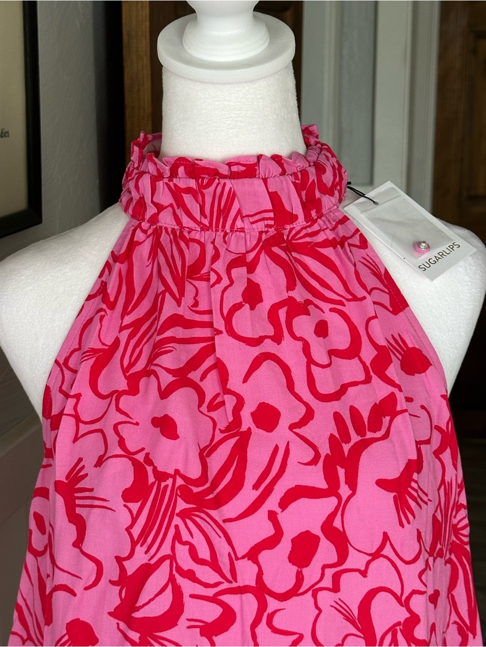 Sugarlips Pink and Red Halter Top Malia Floral Malpais Shirred Trapeze - Picture 4 of 10
